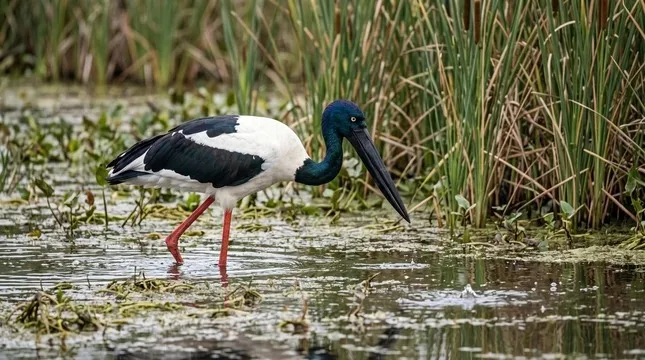 Black-necked stork feeding in Sri Lanka