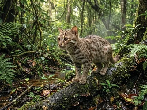 Cat on a rainforest log in Sri Lanka
