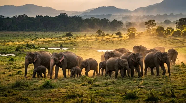 Elephant gathering at sunset in Sri Lanka