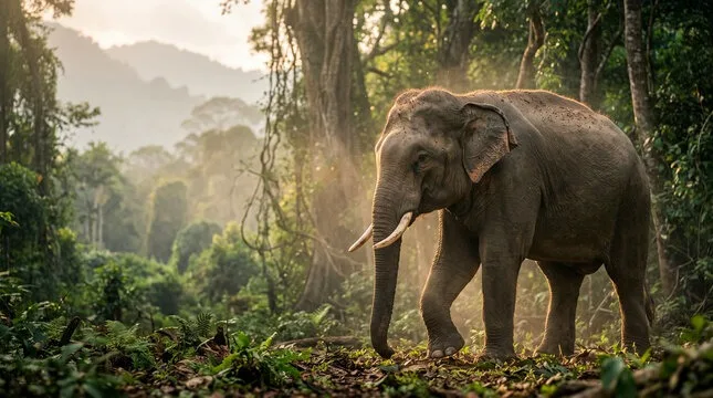 Elephant in misty forest in Sri Lanka