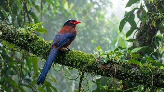Forest bird on a mossy branch in Sri Lanka