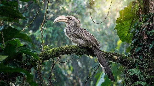 Grey hornbill in the rain forest in Sri Lanka