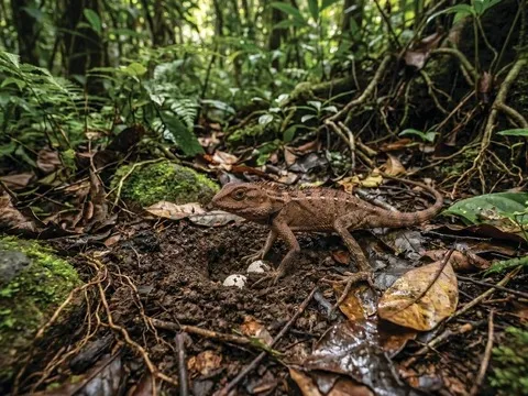 Lizard on the forest floor in Sri Lanka
