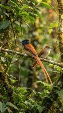 Paradise flycatcher pair in Sri Lanka